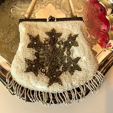 Incredible fully beaded Victorian era purse white and silver beads
