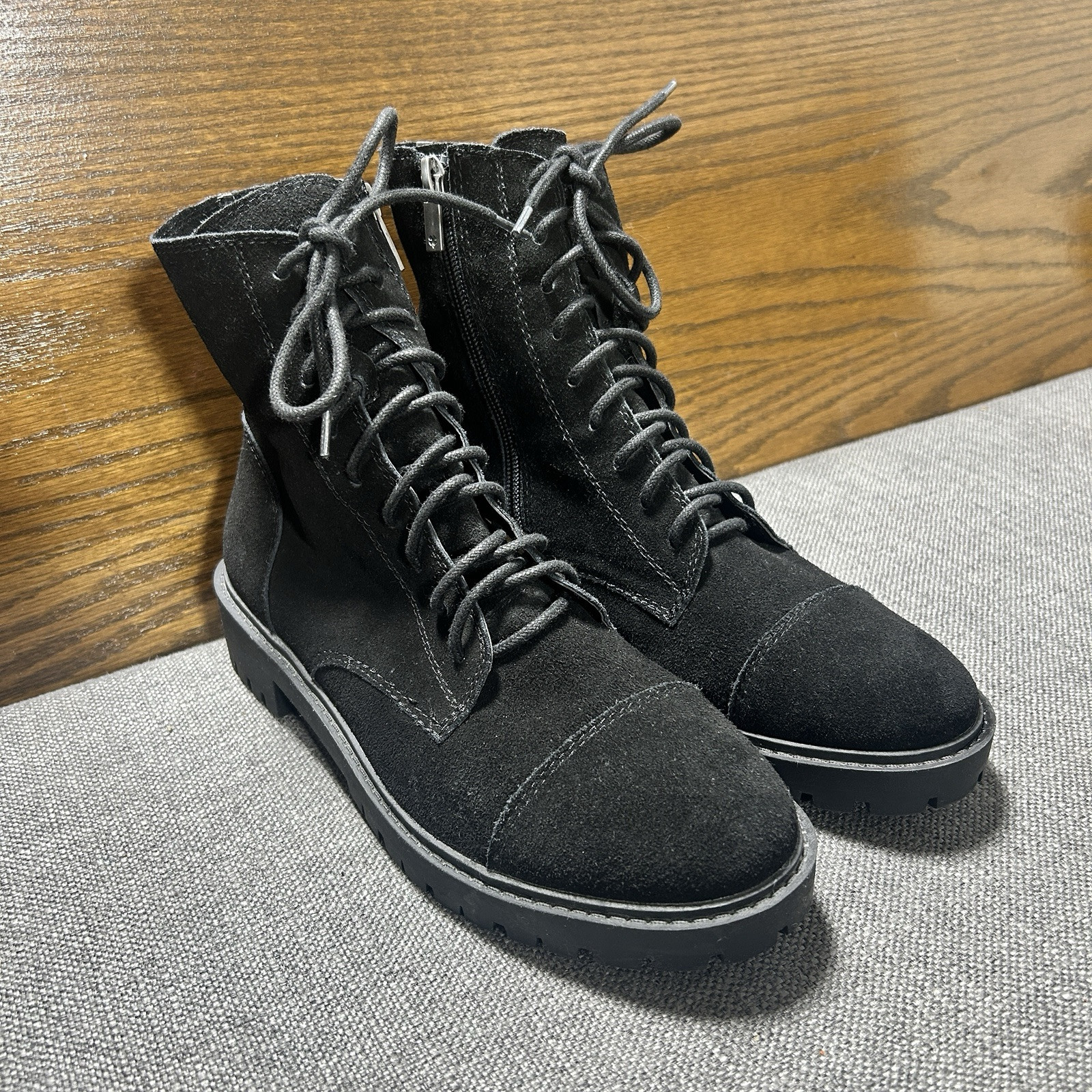 Lucky Brand LP-Ictus Black Suede Combat Boots with Side Zip Women Size 8.5-image