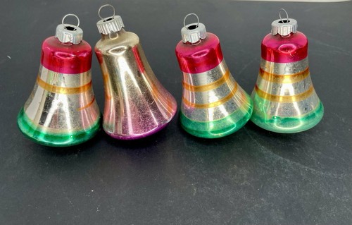 4 Shiny Brite Christmas Ornaments Bell Silver Glass Stripes Ombre Vintage MCM - Picture 2 of 11