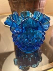 Vintage Fenton Colonial Blue Hobnail Ruffled 3” Ball Vase