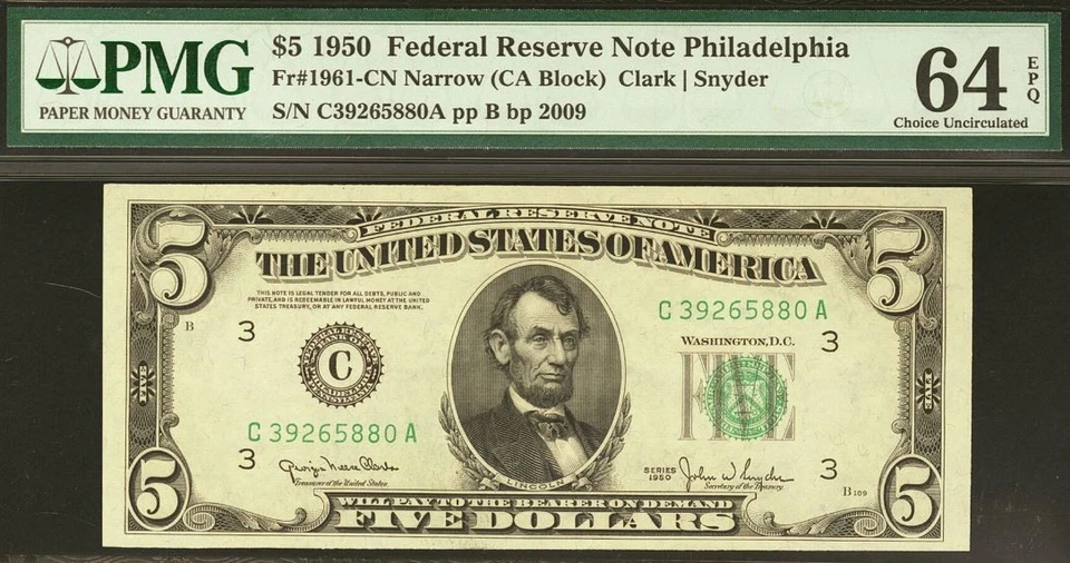 1950 $5 Federal Reserve Note PMG 646EPQ - Philadelphia - Narrow - Fr 1961-CN - Image 2 of 3