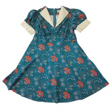 Unique Vintage Teal Floral Retro Fit Flare Swing Dress Cream Collar 1X 16 NWOT