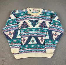Orvis Sweater Mens Medium Cream Multicolor Geometric Aztec Crewneck Hand Knitted