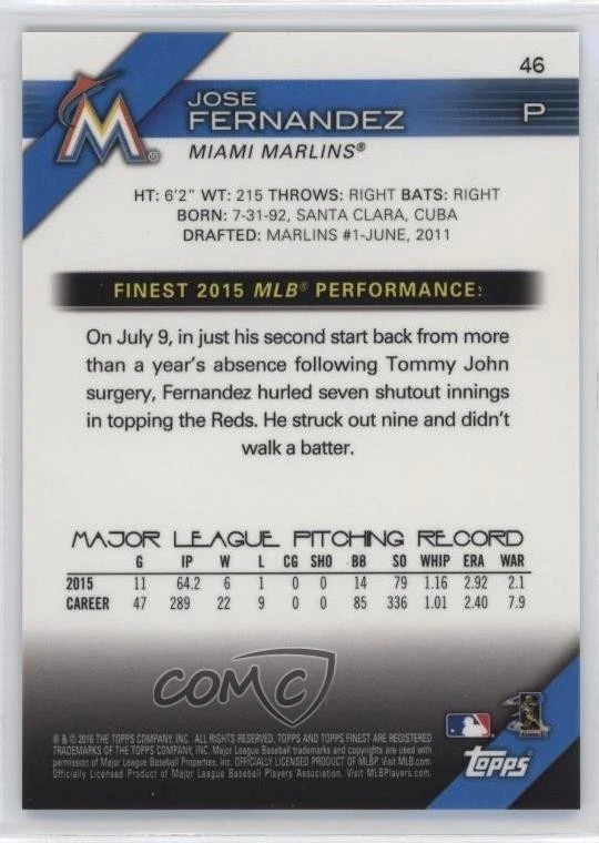 2016 Topps Finest Blue Refractor /150 Jose Fernandez #46 - Image 2 of 2