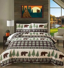 Lodge Quilts Set King Size, 3Pcs Rustic Cabin Brown Bear Bedding Green Pine T...