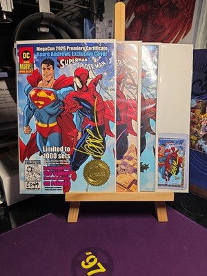 SUPERMAN SPIDER-MAN 1 SIGNED STAMPED PRINT & TRADE & FOIL & CARD KAARE ANDREWS .