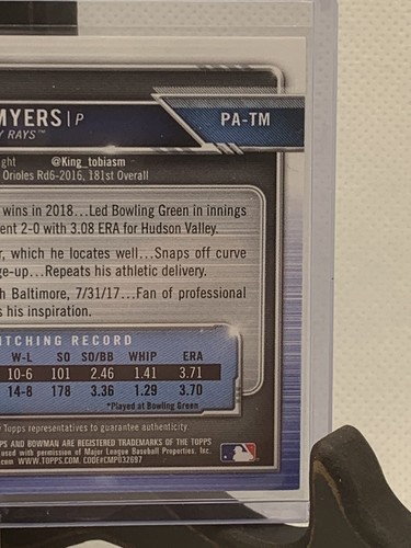 2019 Bowman Prospect Autograph Gold Tobias Myers 36/50 Brewers Jsy Number Match - Picture 10 of 10