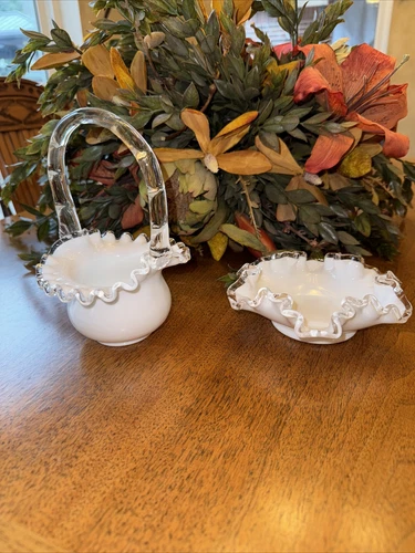VTG Fenton Silver Crest Milk Glass Ruffled Edge Clear Glass Basket Bowl No Flaws