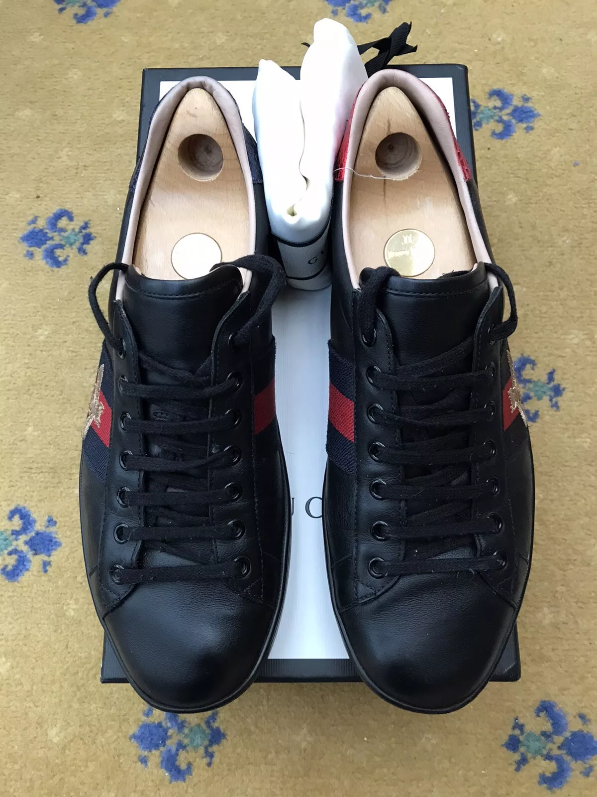 Gucci Ace Baskets Chaussures Cuir Noir Toile d'Abeille Bleu Homme UK 9 US 10 43