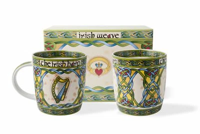 ROYAL TARA The Irish Harp Tea Coffee Mug Set of 2 Celtic Weave Bone China Round 11 fl oz
