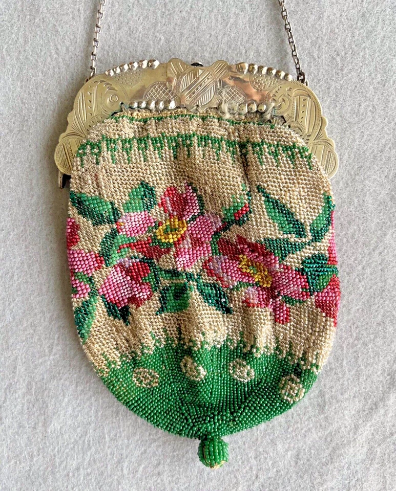 Vintage Victorian Micro-Beaded Floral Purse with Ornate Silver Frame - Image 3 of 4