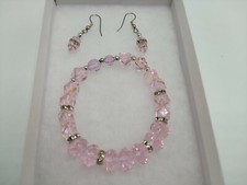 Pink Bead and Silver Colored Stretch Bracelet with Matching Hanging Earrings