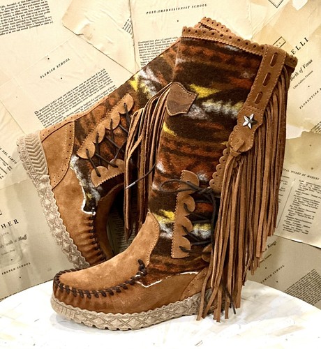 Free People El Vaquero Mocc Boot Brown Suede Fringe Blanket Wool Fringe 37/7 NEW - 第 3/10 張圖片