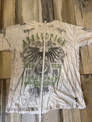 Affliction Shirt Mens XL White Green All Over Print Tried True MMA