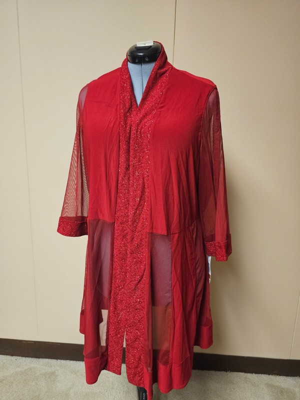 Elegant Red Sequined Jacket, Size 16W, Preowned with Tags and Visible Stains