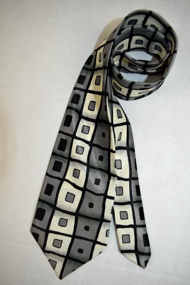 Neck Tie VTG Hand Made 30s Short Tie Black Gray Ivory Rayon or Silk Tie 29" x 3" - Image 4 of 4