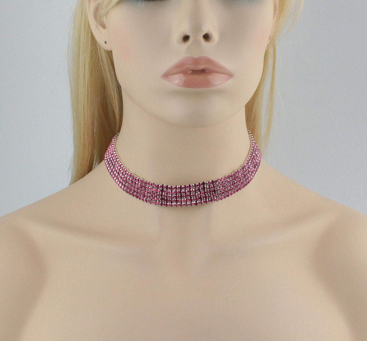 show様 Soft 5-Row Hot Pink Austrian Rhinestone Crystal Choker
