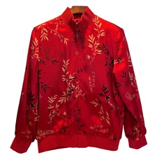 Notations Red Asian Style Silk  Women's Zip-Up Jacket,  Size Medium