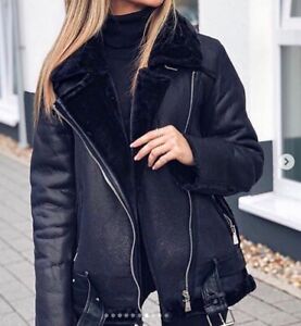 ZARA BLACK FAUX LEATHER SHEARLING FUR 