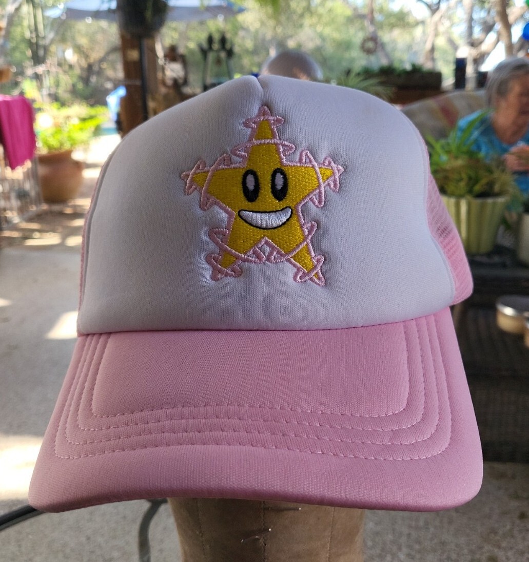 Pink And White Mesh Trucker Hat Cap Yellow STAR Face Happy Star