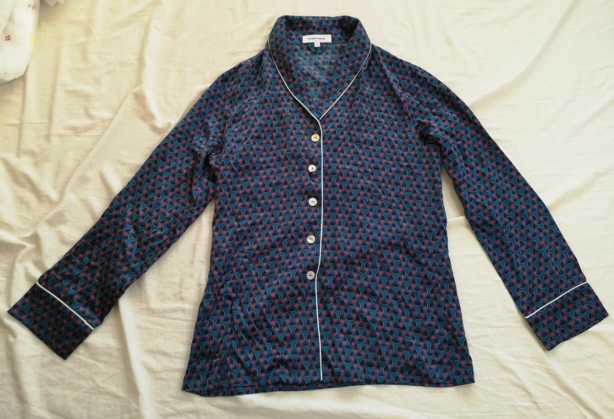 Olivia Von Halle Women s Blue Patterned Silk Satin Pyjama Top Size 1 Good Used