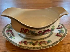 VINTAGE JOHNSON BROS. INDIAN TREE GRAY BOAT WITH ATTACHED UNDERPLATE - NICE!