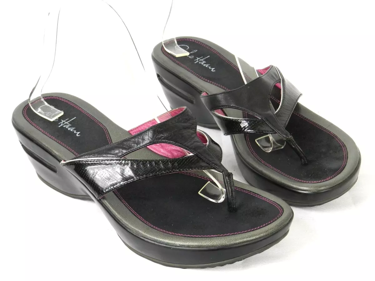 Cole Haan Thong Wedge Sandals Womens 10 B Slip On Leather Black eBay