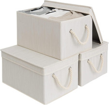 Storage Bins with Lids, Fabric Boxes for Closet, Slub White