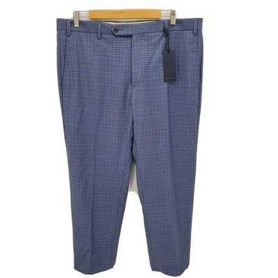 New Zanella Devon Flat Front Wool Serge Trouser Dress Pants Blue Plaid Size 36