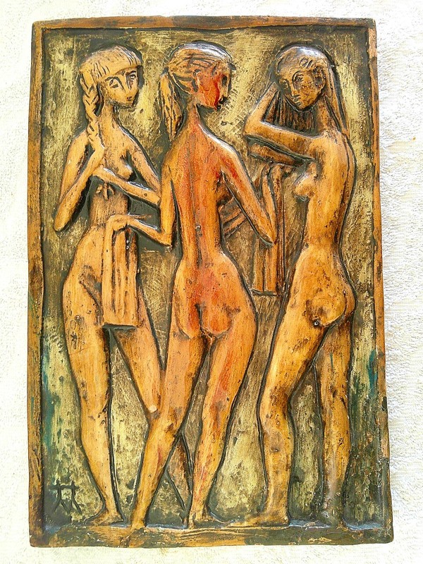 Three Graces (Euphrosyne, Aglaea, and Thalia) Fired Chalkware Relief, Maker ?