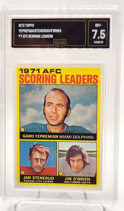 1972 TOPPS FOOTBALL CARD #7 AFC SCORING LEADERS YEPREMIAN / STENERUD  GR 7.5 NM+