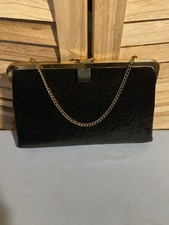 Vintage Black Chain Handle Stone Print Handbag Faux Leather 9.5 X 6 in Clasp