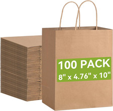 100 Pack Medium Paper Gift Bags with Handles, 8 X 4.76 X 10 Inch, Brown Kraft