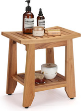Compact Teak Shower Bench with Storage Shelf - Waterproof  Non-Slip Seat