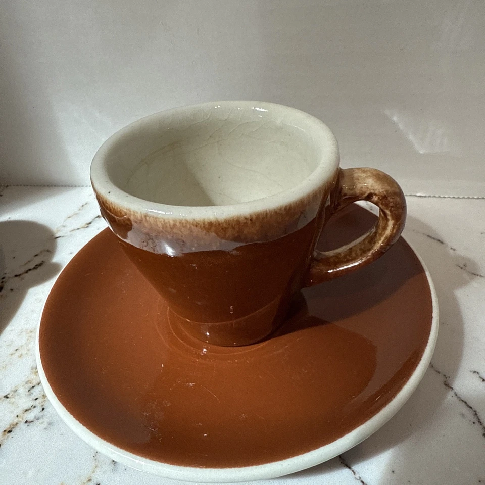 Juego de 2 tazas y platillos de café espresso vintage marrón y blanco ACF de porcelana Foto 3 de 3