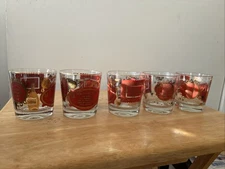 5 Vintage Jeanette Red Gold Whiskey Sour Old Fashioned Lowball Glass MCM (Read)