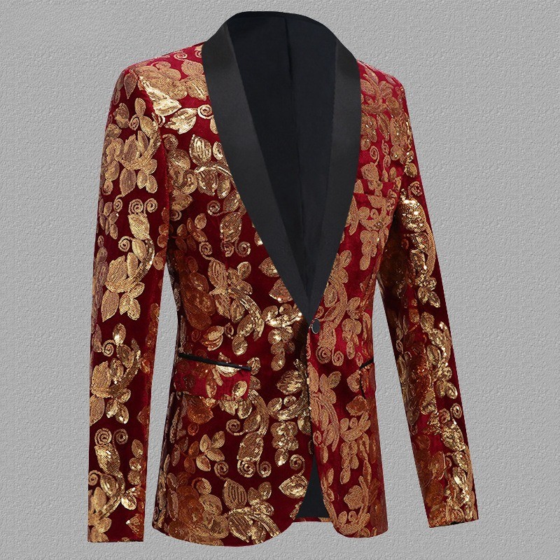 Men Velvet Blazer Jacket Shiny Gold Sequined Floral Stage Dress Performance Coat