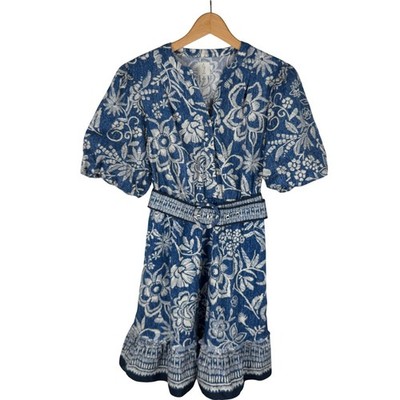 Joie Floral Puff Sleeve Belted Mini Dress Womens 8 Indigo Blue Cream Ruffles