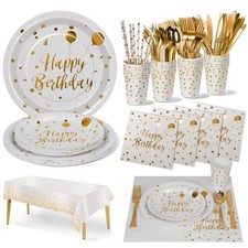 161 PCS White Gold Birthday Party Tableware Supplies Dinnerware Serves 20