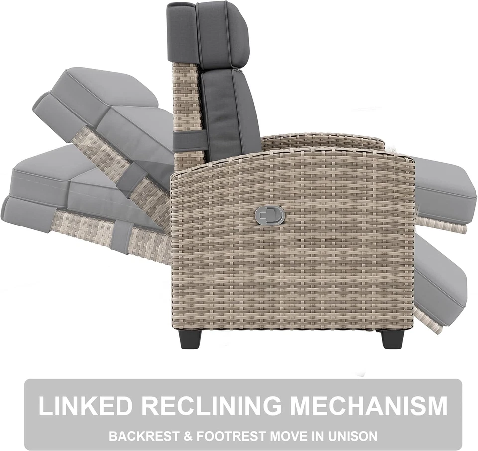 Уличное плетеное кресло-реклайнер, 145° кресло для отдыха патио со съемной подушкой, A - Изображение 4 из 4