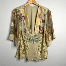 Spencer Alexis Women Kimono Jacket 3/4 Sleeve Mix Media Floral Chiffon Silk Sz S