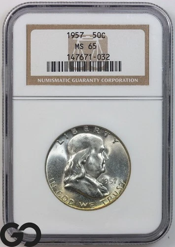 1957 Franklin Half Dollar, Nice Cartwheel Mint Luster, NGC MS 65 ** Gorgeous!