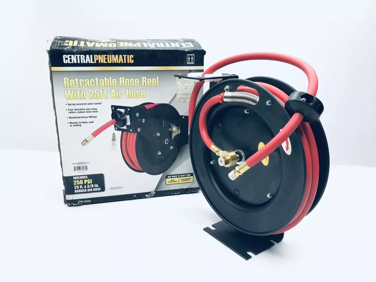 UNUSED CENTRAL PNEUMATIC 69234 RETRACTABLE HOSE REEL W/ 3/8 X 25-FT AIR  HOSE