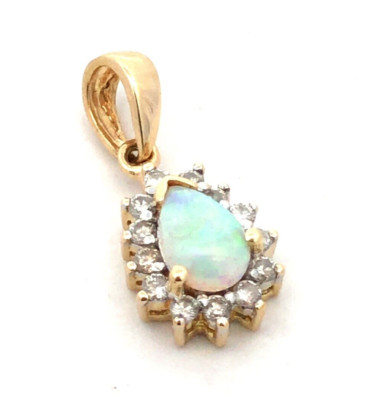 Designer EG 14K Gelbgold Birnenschliff weißer Opal Diamant Heiligenschein Anhänger