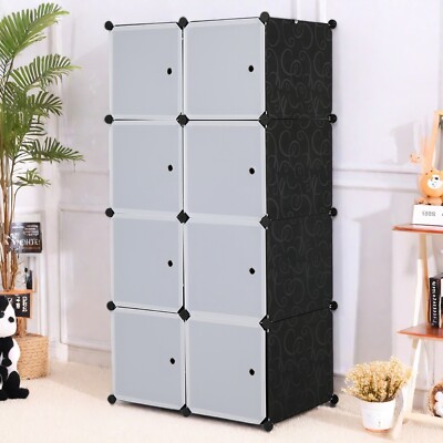 8-Cube Modular Wardrobe Storage 4-Tier - Stackable, Door, Rod, Plastic & Black