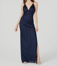 $230 Emerald Sundae Juniors' Blue Glitter Lace V-Neck A-Line Formal Dress XXS