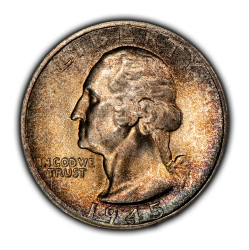 1945-S 25c Silver Washington Quarter - PQ Rainbow Toning - Frosty BU+ - Z5198