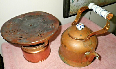#ad ANTIQUE COPPER OLD WATER TEA KETTLE PITCHER Spout on Stand Old Props Decor LA $74.95