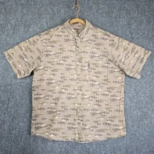 Woolrich Shirt Men’s L Beige Fish Print Short Sleeve Button Down Cotton Blend