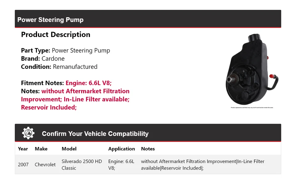 For 2007 Chevrolet Silverado 2500 HD Classic 6.6L V8 Power Steering Pump Cardone - Image 2 of 4